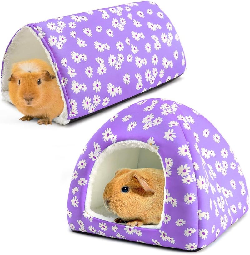 HeNdShe Guinea Pig House and Tunnel Set - 2 Pack Washable Guinea Pig Hideout Bed, Plush Small Animal Hide and Toy with Non-Slip Bottom for Ferret Dwarf Bunny - Image 1